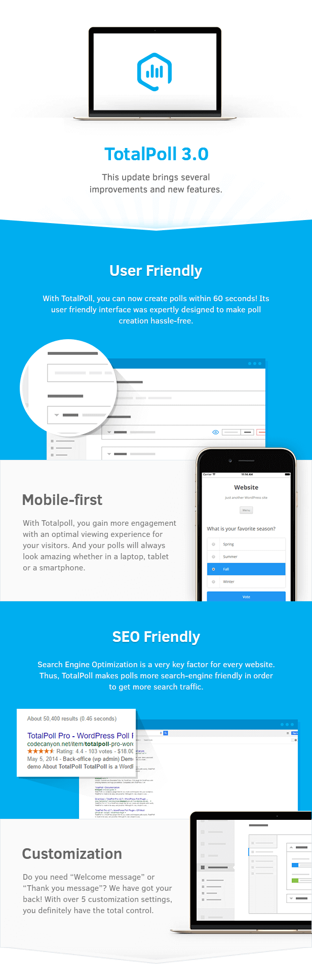 Benutzerfreundlich, Mobile-first, SEO Friendly und Anpassung in TotalPoll WordPress Umfrage-Plugin.