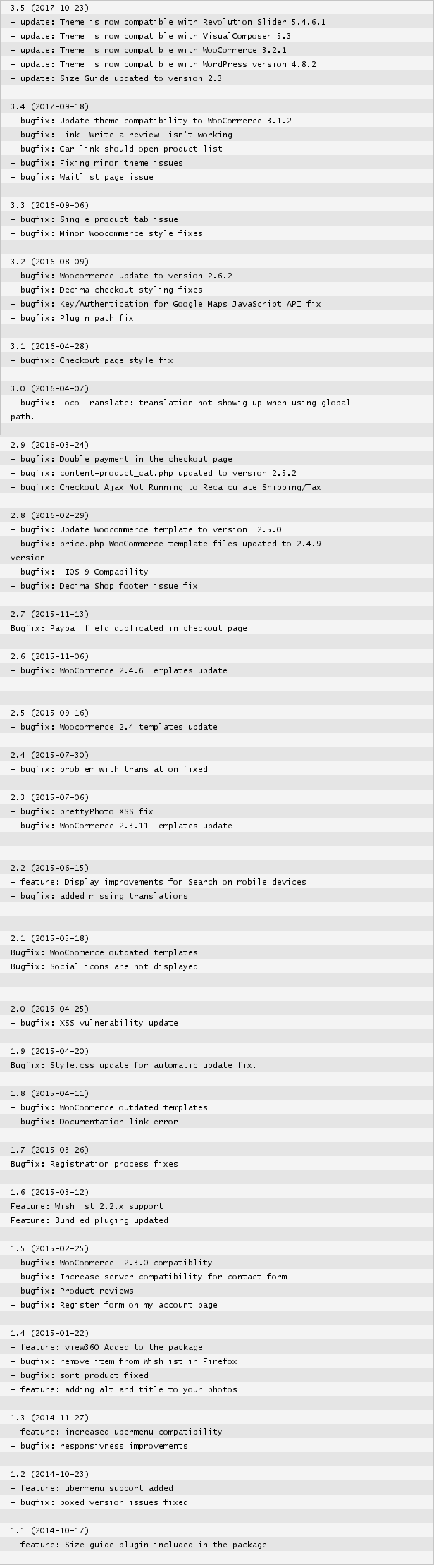 Decima WooCommerce WordPress Template Änderungsprotokoll