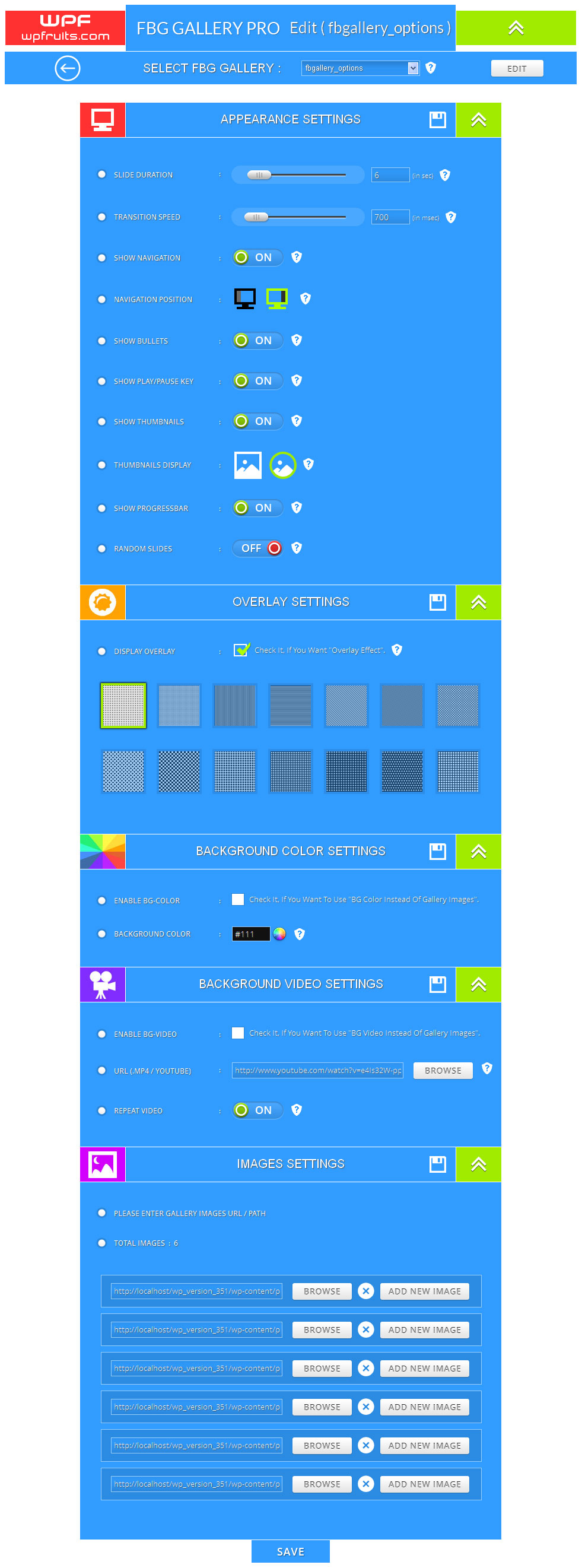 Voller Breite Hintergrund Galerie WordPress Plugin Einstellungen