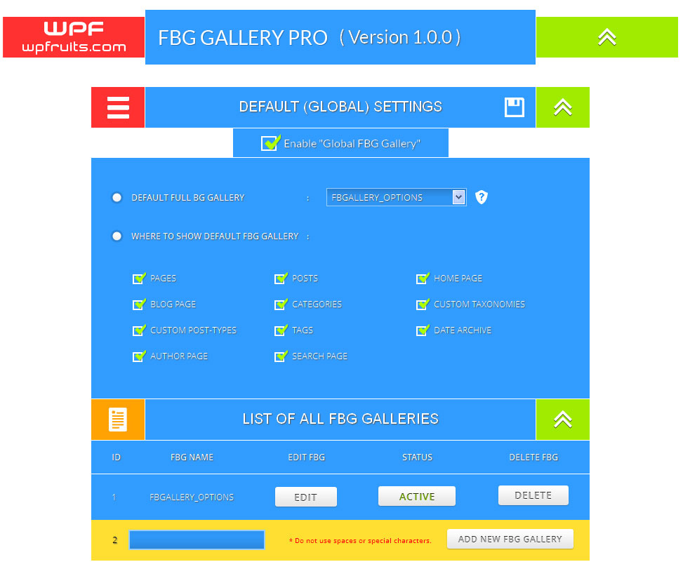 Voller Breite Hintergrund Galerie WordPress Plugin Einstellungen