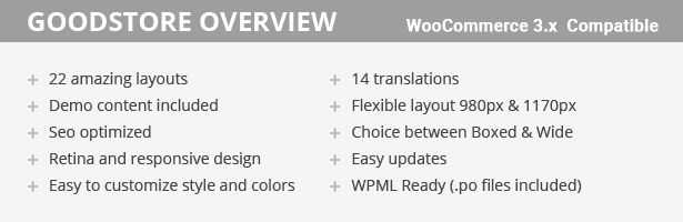 Mobile freundliche E-Shop-Vorlage. Insgesamt 22 Skins! Demo-Inhalte enthalten - Seo optimiert - Retina und Responsive Design - einfach Stil und Farben anpassen - flexibles Layout 980px & 1170px Wahl zwischen Boxed & Wide - Einfache Updates WPML bereit