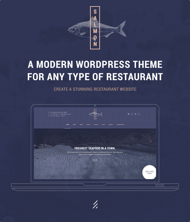 Ein modernes WordPress-Layout für jede Art von Restaurant: Lachs ist ein modernes WordPress-Layout, das sich für Restaurants, Cafés, Weingüter, Sushi-Bars, Bistros und alle anderen Lebensmittelgeschäfte eignet