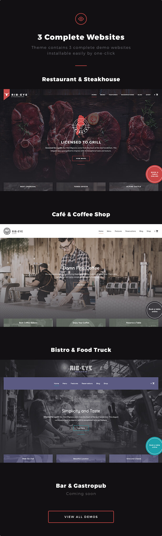 3 Complete Websites: Template enthält 3 vollständige Demo-Websites, die einfach mit einem Klick installiert werden können - Restaurant & Steakhouse, Café & Coffee Shop, Bistro & Food Truck