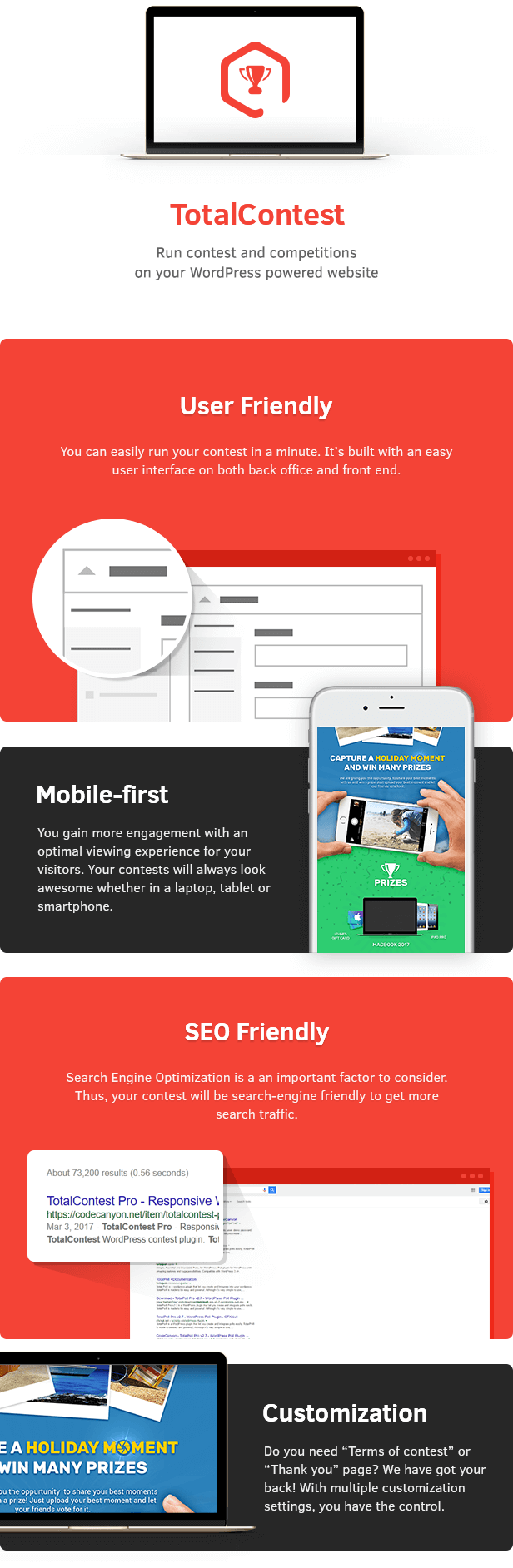 Benutzerfreundlich, Mobile-first, SEO Friendly und Anpassung in TotalContest WordPress contest plugin.