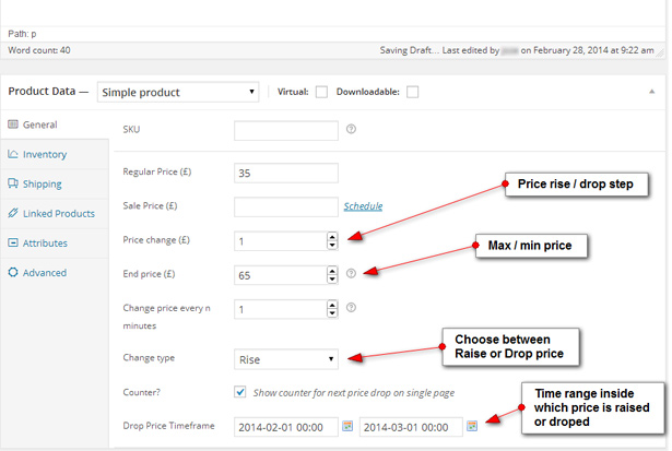 Drop-Preis-Eingaben in wp admin