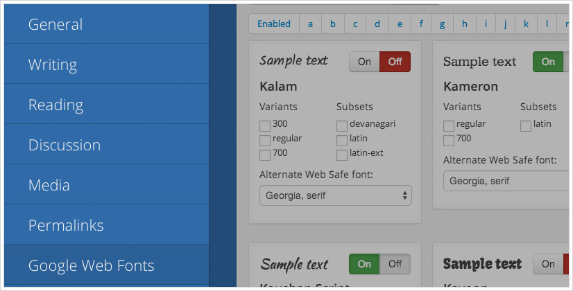 Mehrstufiges Push-Menü - Einstellungen - Google Web Fonts