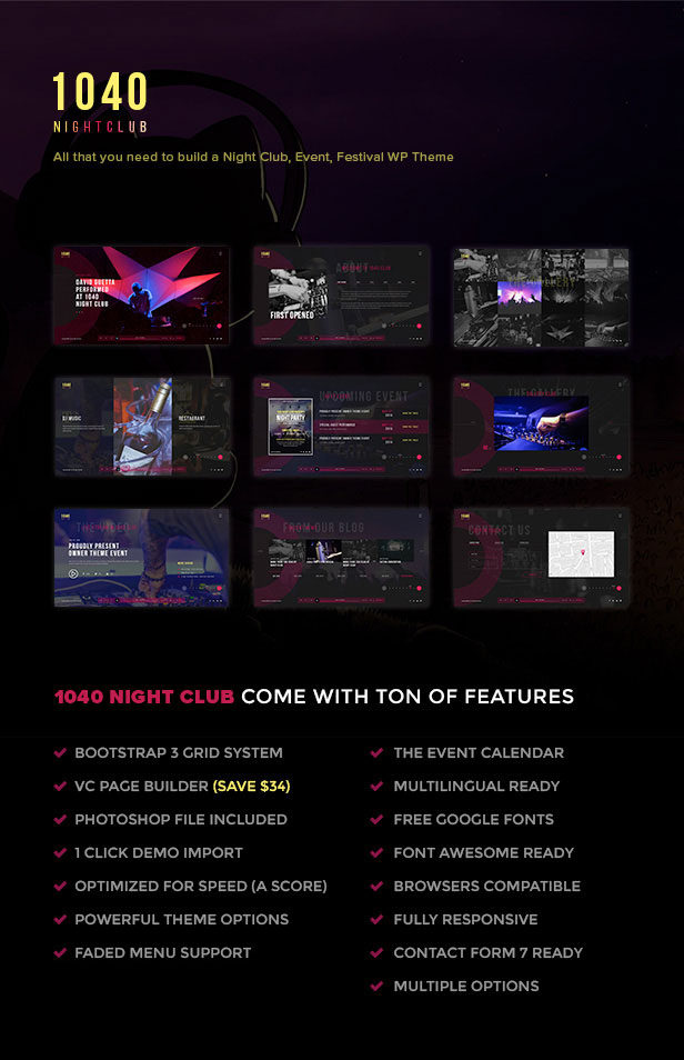 1040 Nacht Club - DJ, Party, Musik Club WordPress Vorlage