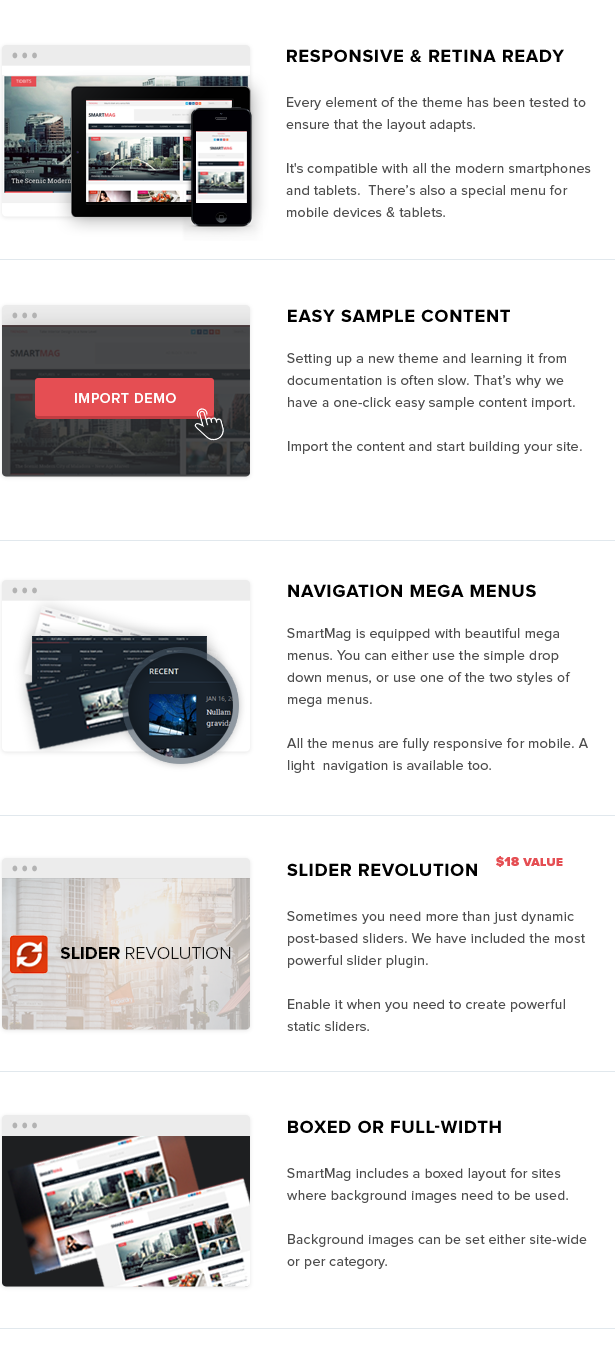 Responsive Layout, Retina Ready (HD), Mega-Menüs und Boxed oder Wide Layout