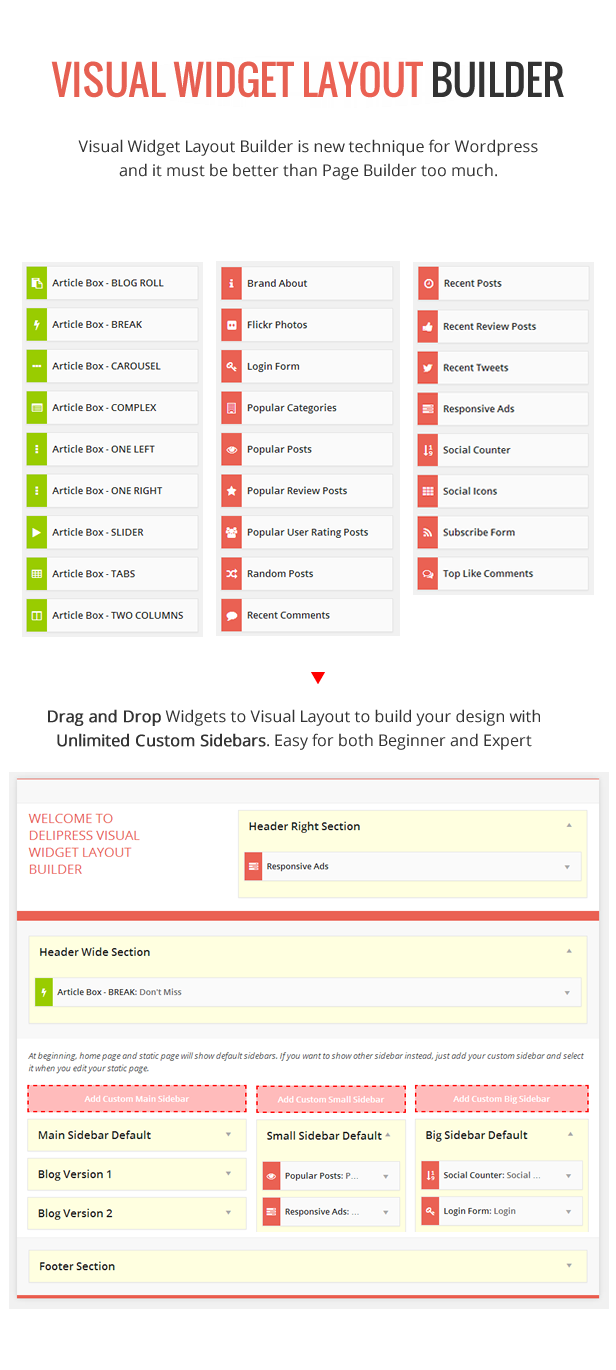 Visuelle Widget Layout Builder - DeliPress - Magazin und Review WordPress Layout