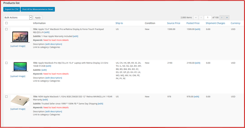 Produktliste ebay WooImporter