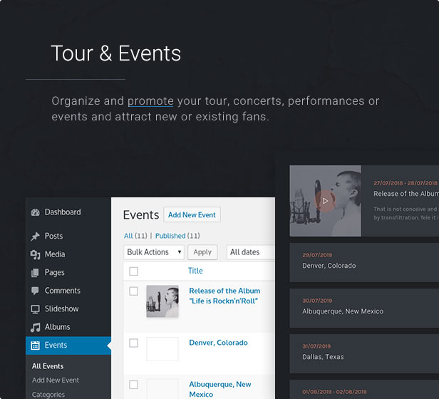 Tour & Events: Organisieren und bewerben Sie Ihre Tour, Konzerte, Performances oder Events und ziehen Sie neue oder bestehende Fans an.