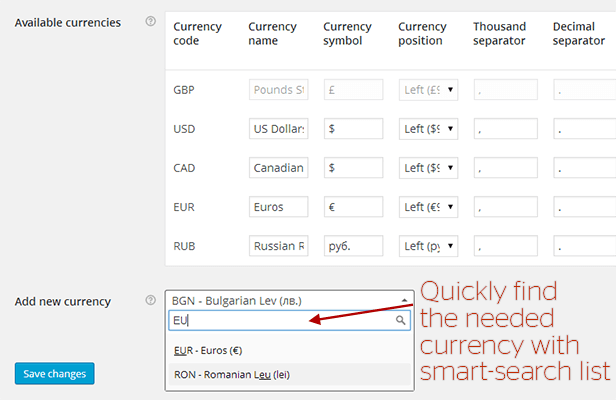 WooCommerce All in One Währungsrechner - Einstellungen Bildschirm