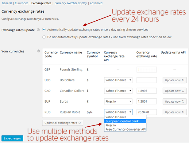 WooCommerce All in One Währungsrechner - Einstellungen Bildschirm