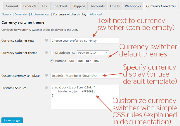 WooCommerce All in One Währungsrechner - Einstellungen Bildschirm