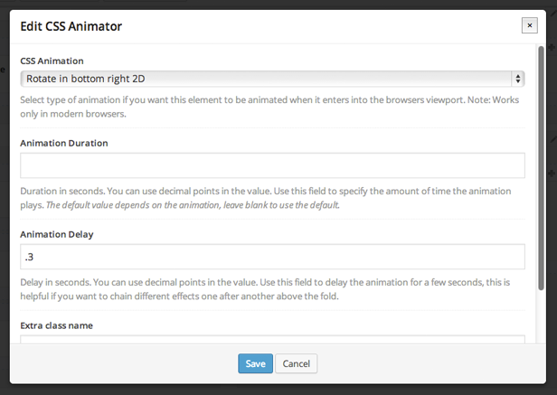 Eigenschaften von CSS Animator im WPBakery Page Builder