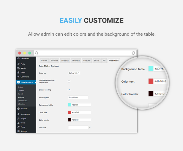 Flexible Tabellenkalkulationsmatrix für WooCommerce