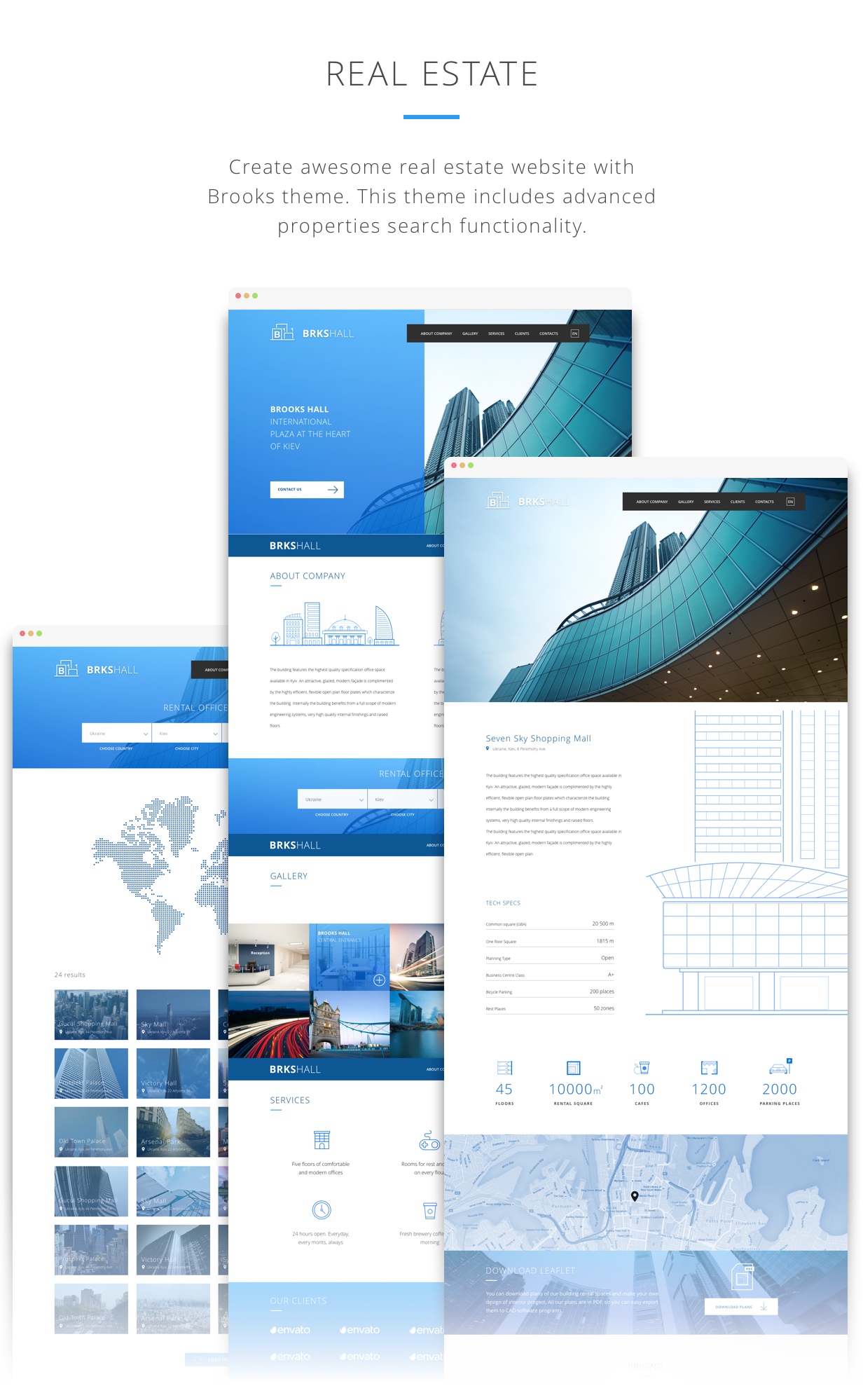 Brooks Hall? Grundeigentum. Erstellen Sie fantastische Immobilien-Websites mit Brooks Layout. Das Design enthält erweiterte Suchfunktionen für Eigenschaften.