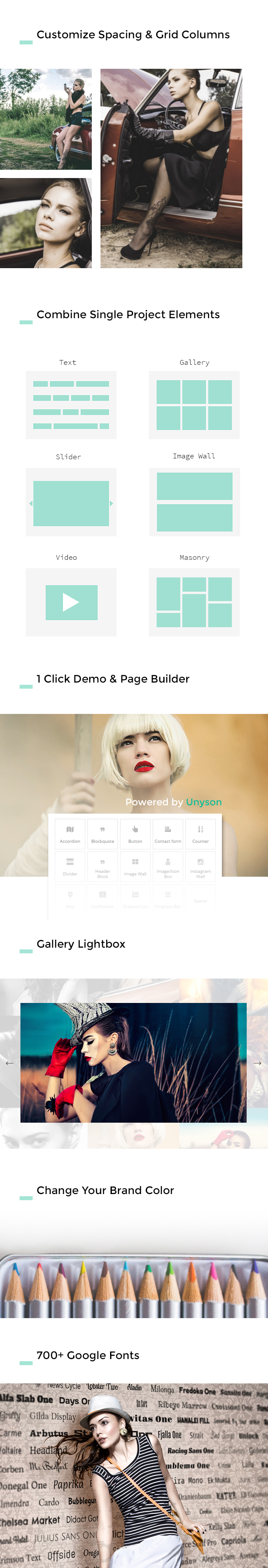 Rasterabstand, einzelnes Projektvideo, einzelne Projekttypen, 1 Klicken Sie auf Demo und Page Builder, Galerie-Lightbox, unbegrenzte Farben, über 700 Google-Schriftarten