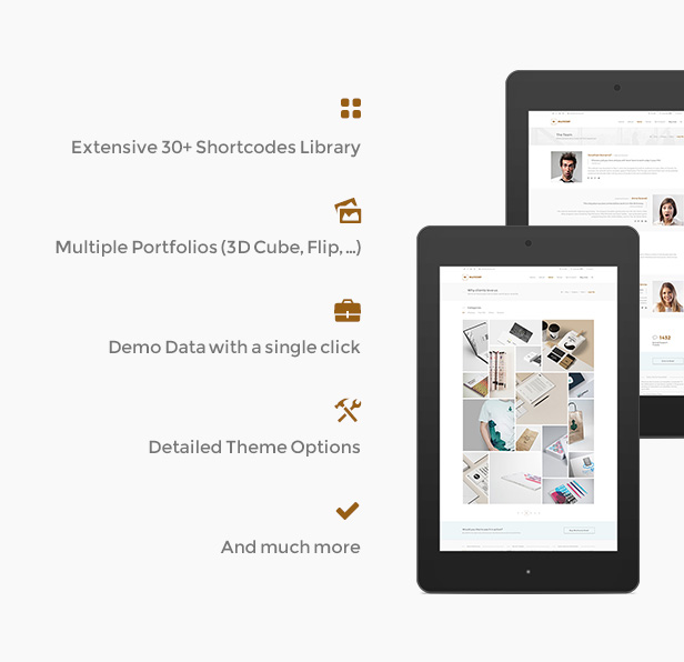 Umfangreiche 30+ Shortcodes-Bibliothek, mehrere Portfolios (3D-Cube, Flip, ...), Demo-Daten mit einem einzigen Klick, detaillierte Designoptionen und vieles mehr