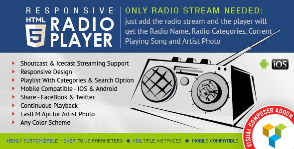 Wordpress Add-On Plugin Visual Composer Addon - HTML5 Radio Player for WPBakery Page Builder