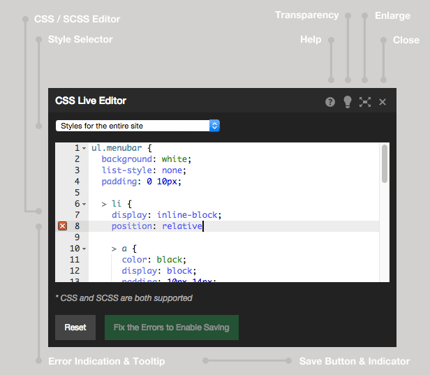 Features: Vorschau des CSS Live Editor-Fensters