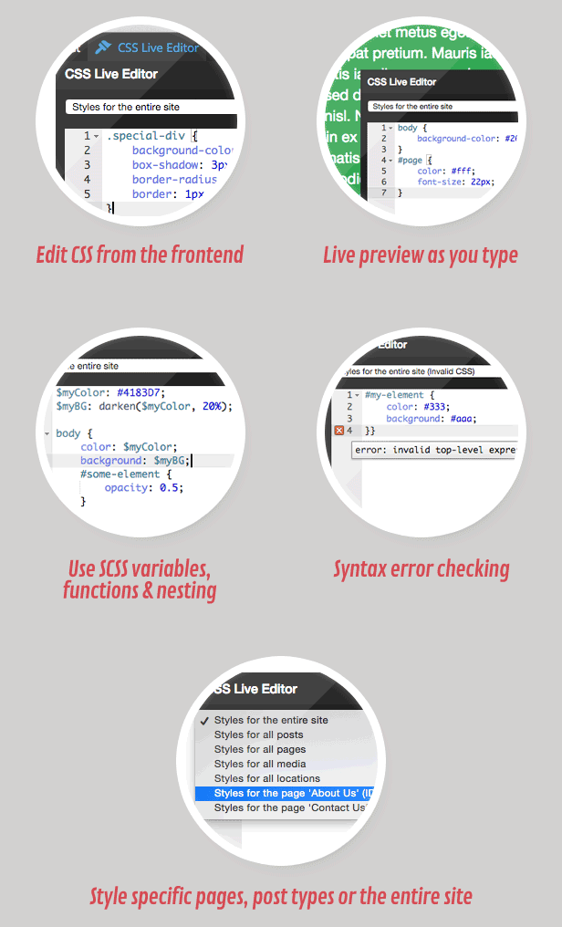 Features: CSS vom Frontend aus bearbeiten, Live-Vorschau Ihres CSS während der Eingabe anzeigen, Einfache CSS- oder SCSS-Syntax verwenden: Verwenden Sie Variablen, Funktionen und Verschachtelung, Syntaxfehlerprüfung mit Fehlernotizen, Anwenden von Stilen auf Ihre gesamte Site, alle Seiten oder Beitragstypen oder sogar bestimmte Seiten,