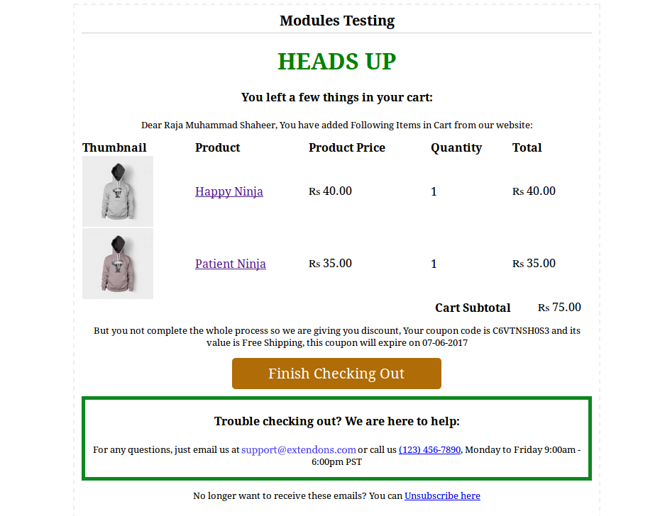 WooCommerce Abandoned Cart Reminder E-Mail-Beispiel