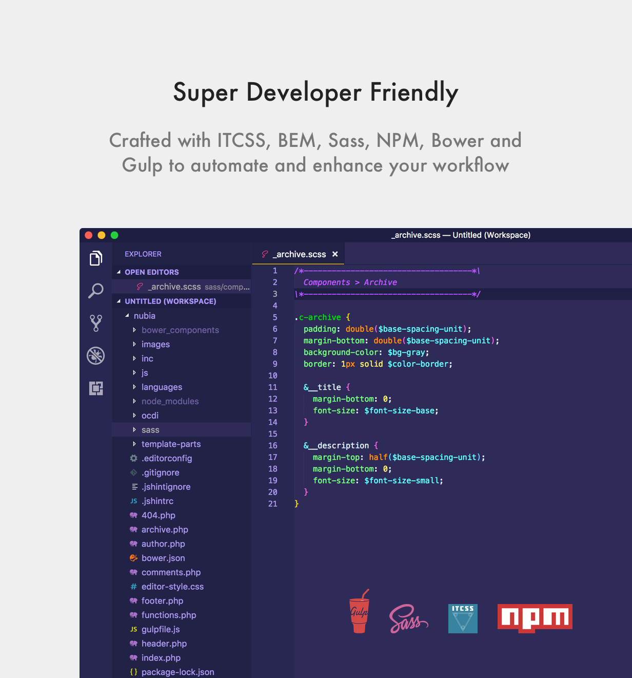 Nubia WordPress Vorlage Entwicklerfreundlich (Gulp, ITCSS, Sass, NPM, Bower)
