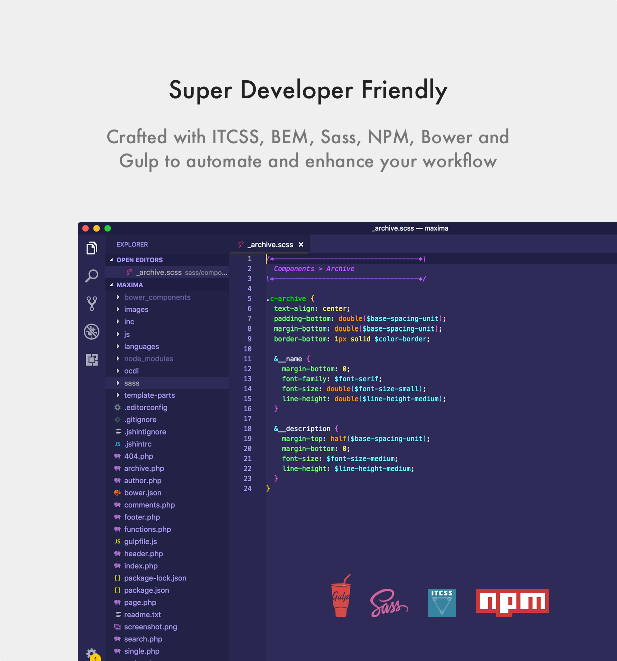 Maxima WordPress Template Entwicklerfreundlich (Gulp, ITCSS, Sass, NPM, Bower)