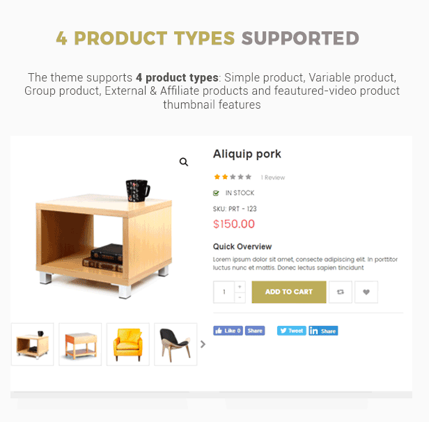 Responsive Furniture WooCommerce WordPress Template - 4 UNTERSTÜTZTE PRODUKTARTEN