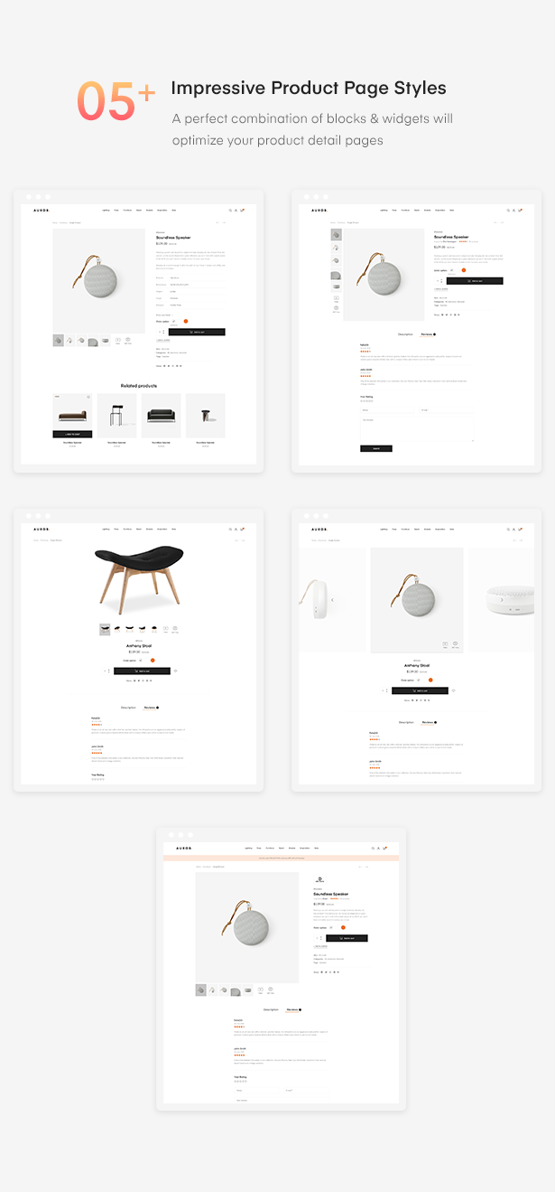 05+ Beeindruckende Produktseite Stile von Auros Furniture Elementor WooCommerce Template