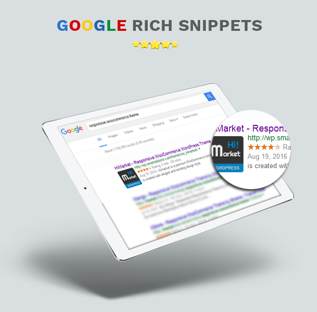 Reaktionsschnelle Technologie WooCommerce WordPress Template Rich Snippets