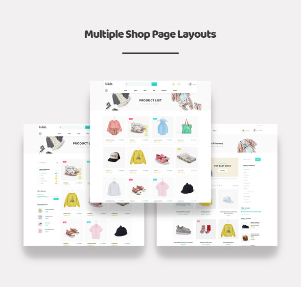 Verschiedene Shop-Seiten-Layouts Kiddo Baby & Kids Fashion WordPress Theme