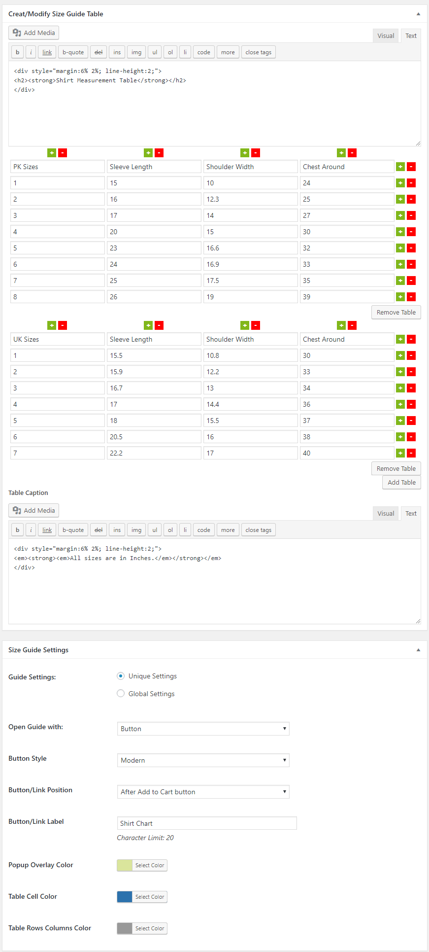 WooCommerce Product Size Charts Plugin