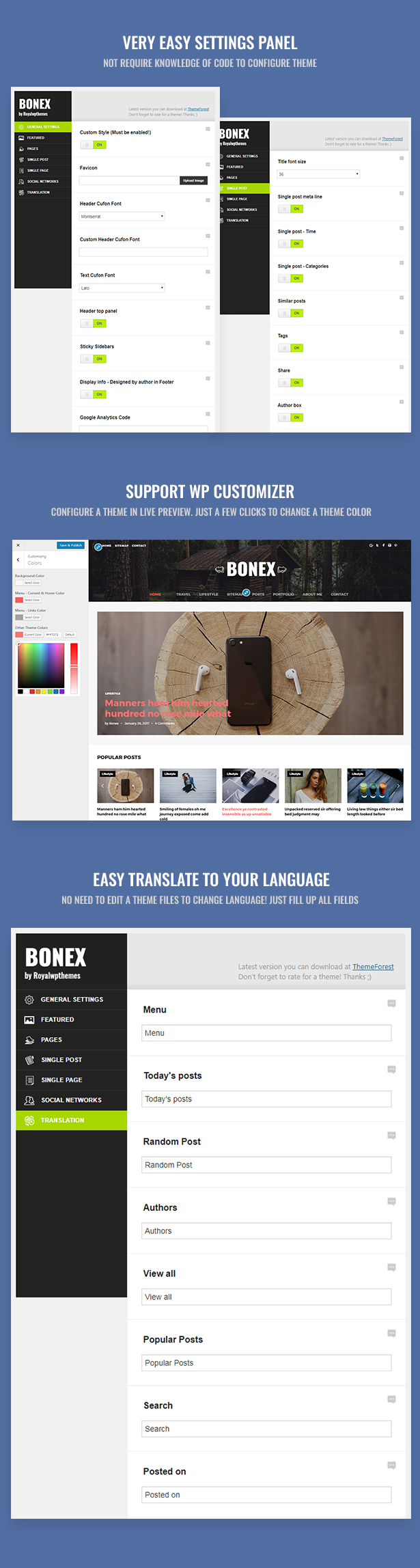 Bonex WordPress Theme-Funktionen