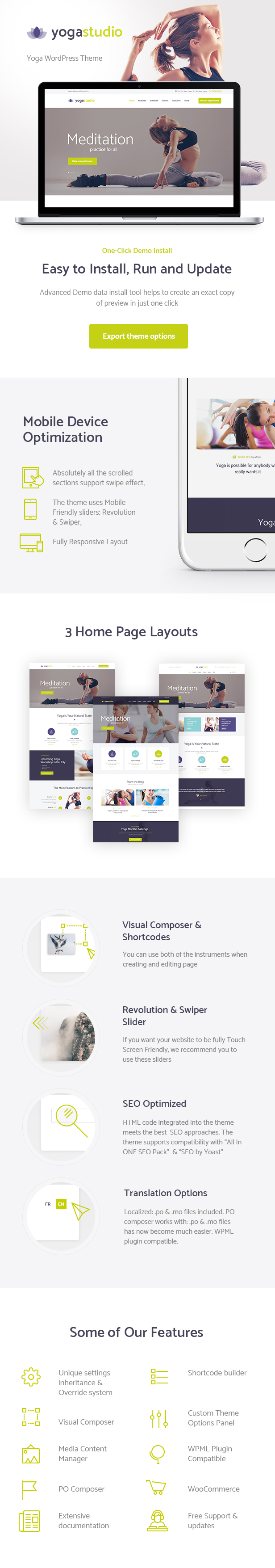 Yogastudio, Fitnessstudio und Gesundheitswesen WordPress Theme faetures