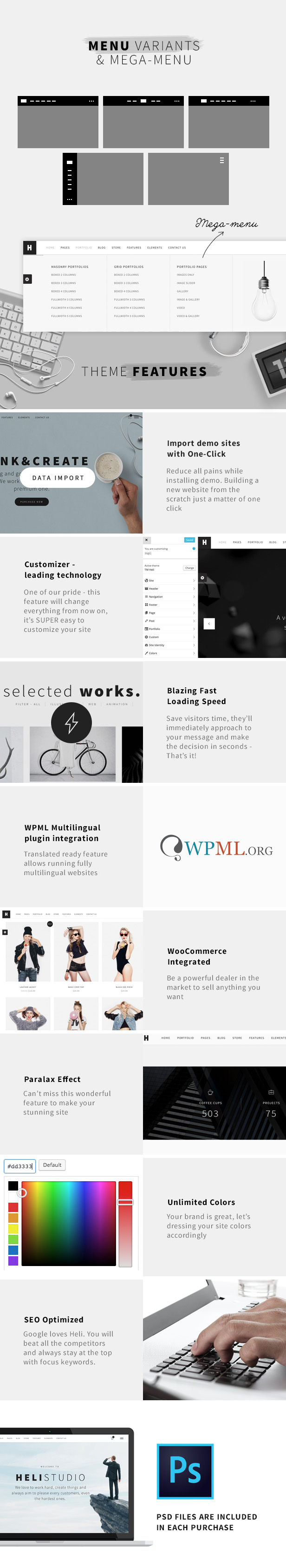 Minimales kreatives Schwarzweiß-WordPress-Thema - Verschiedene Layouts von Schwarzweiß-Themen wie Heli 