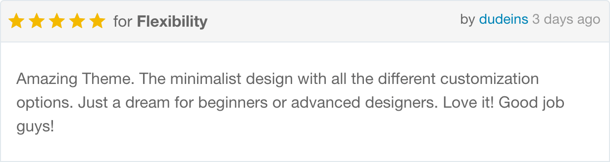 Erstaunliches Thema. Das minimalistische Design mit all den verschiedenen Anpassungsmöglichkeiten. Nur ein Traum für Anfänger oder Fortgeschrittene. Liebe es! Gute Arbeit, Leute!