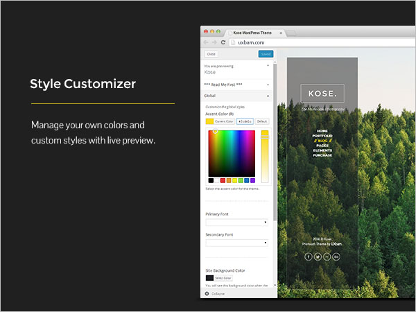 Style Customizer - Verwalten Sie Ihre eigenen Farben und benutzerdefinierten Stile mit Live-Vorschau.