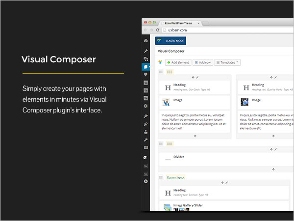 Visual Composer - Erstellen Sie Ihre Seiten mit Elementen in wenigen Minuten über die Benutzeroberfläche des Visual Composer-Plugins.