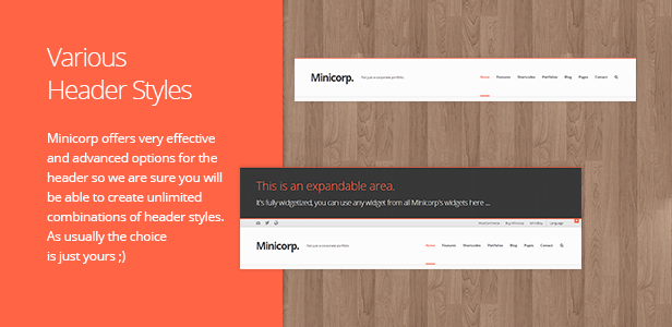 Kopfzeilenstile. Minicorp bietet sehr effektive und erweiterte Optionen für den Header, sodass wir sicher sind, dass Sie unbegrenzte Kombinationen von Header-Stilen erstellen können. Wie gewöhnlich liegt die Wahl nur bei Ihnen;)