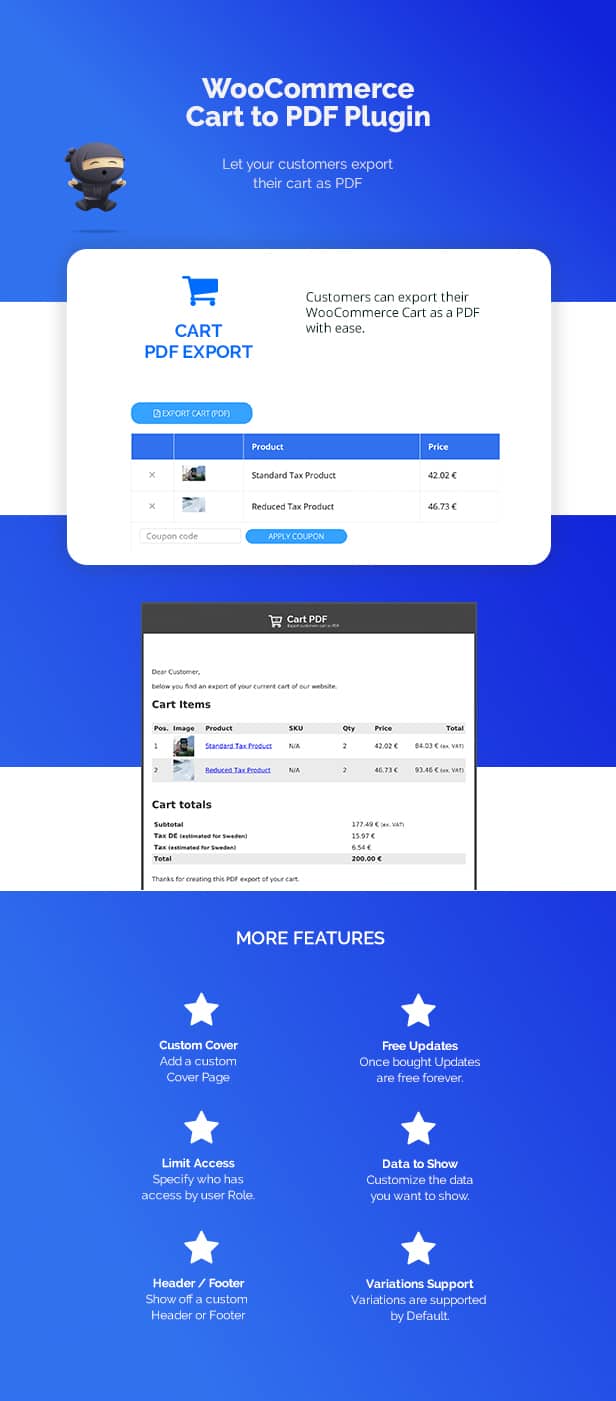 Funktionen des WooCommerce Cart to PDF-Plugins