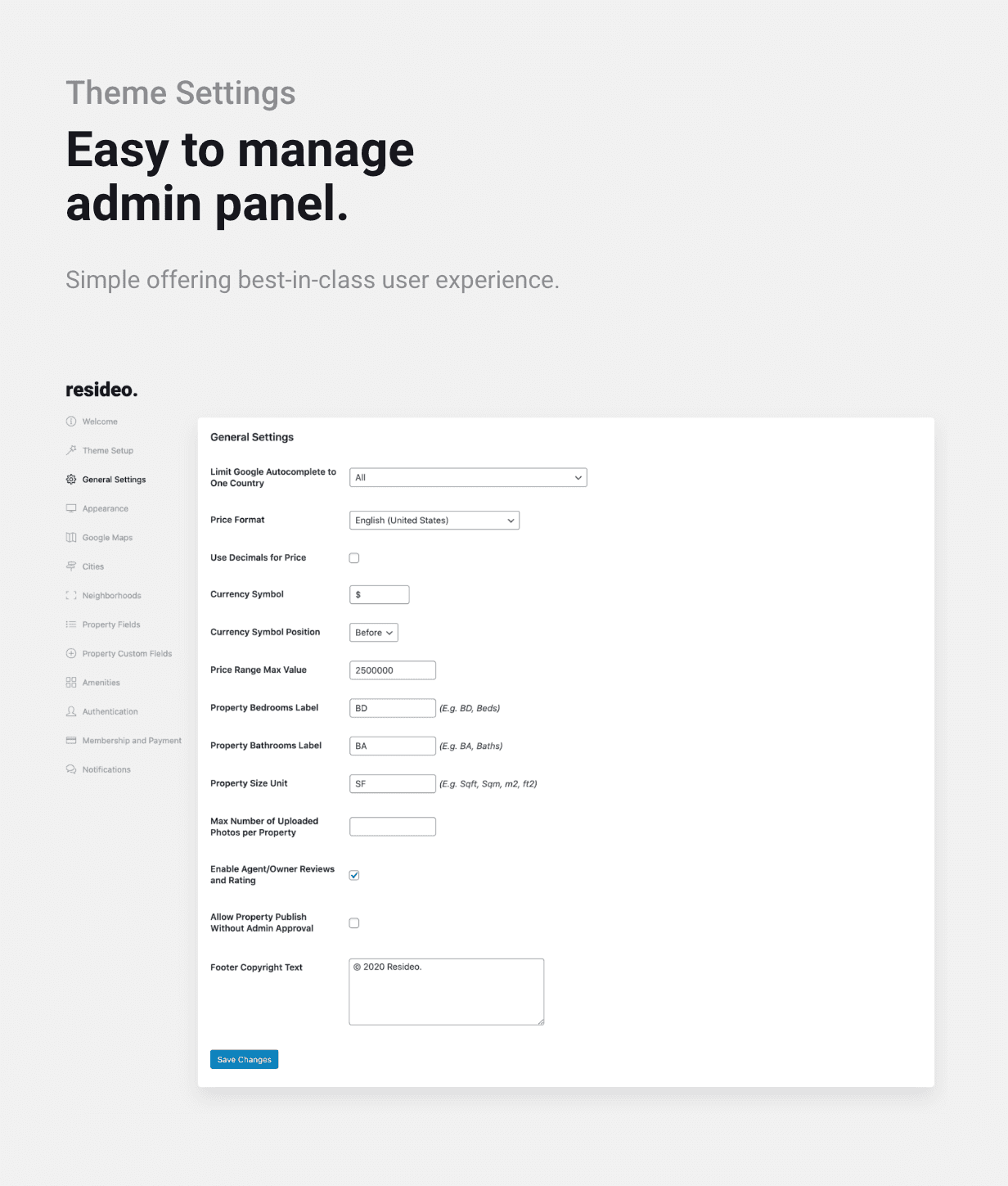 Resideo - Immobilien WordPress Theme - Admin Panel