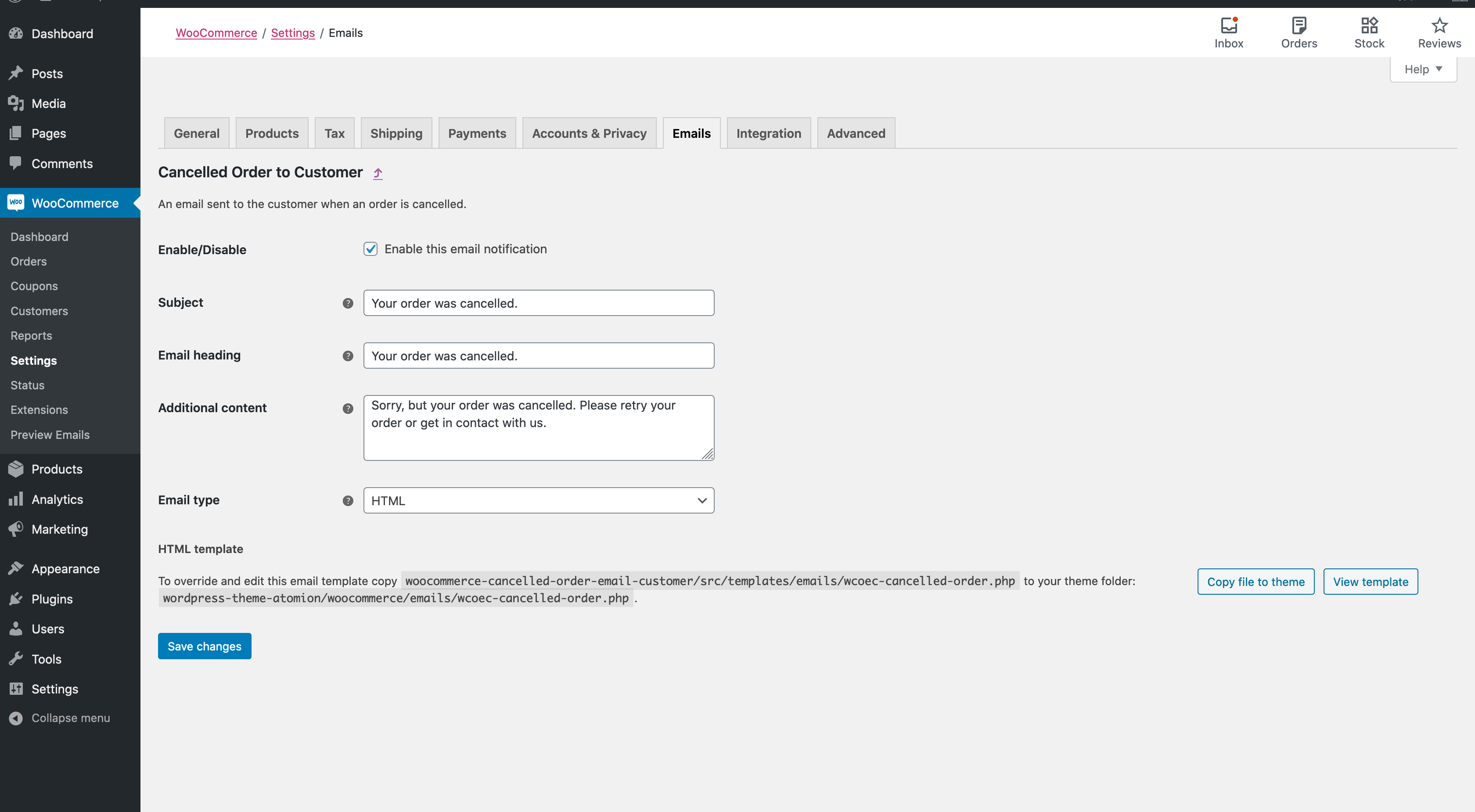 woocommerce stornierte Bestell-E-Mail an Kundeneinstellungen