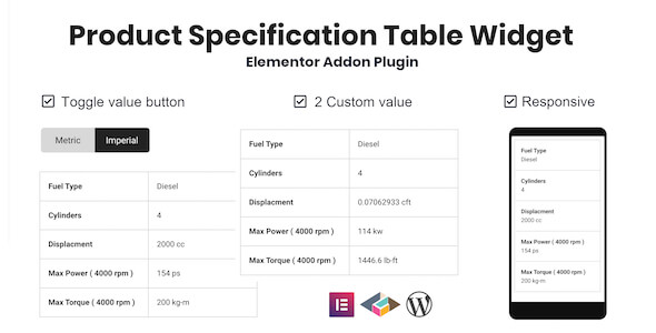 Wordpress Add-On Plugin Product Specification Table Widget For Elementor