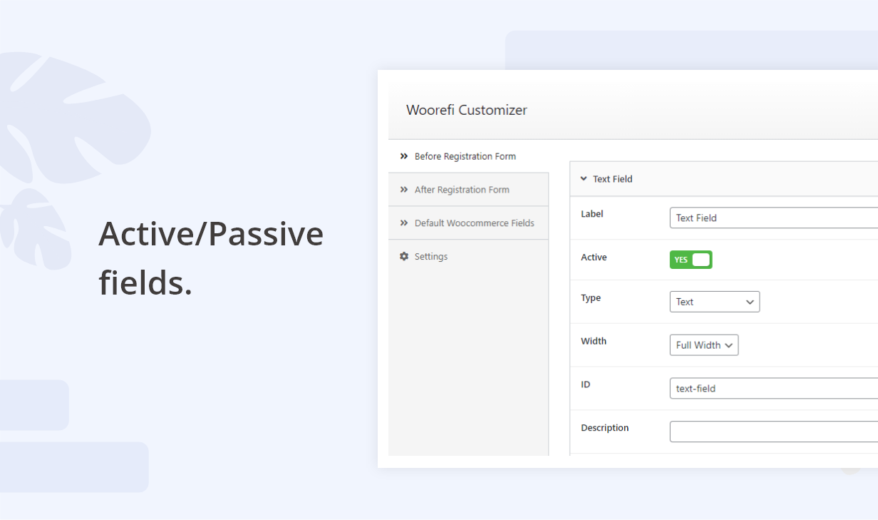 Woorefi |  Benutzerdefinierte WooCommerce-Registrierungsfelder |  Aktiv passiv