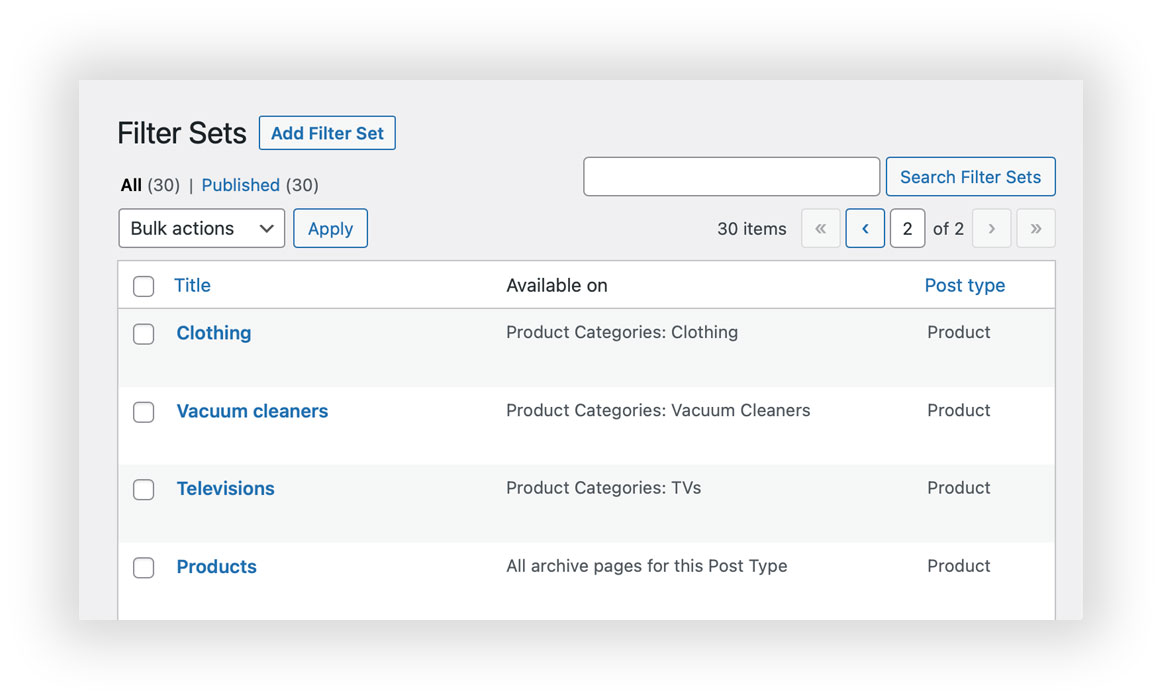 Alles filtern - WooCommerce-Produktfilter-Administrationsbildschirm