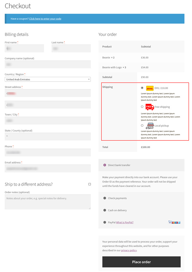 Versandsymbole und Beschreibungsanzeige auf der Checkout-Seite