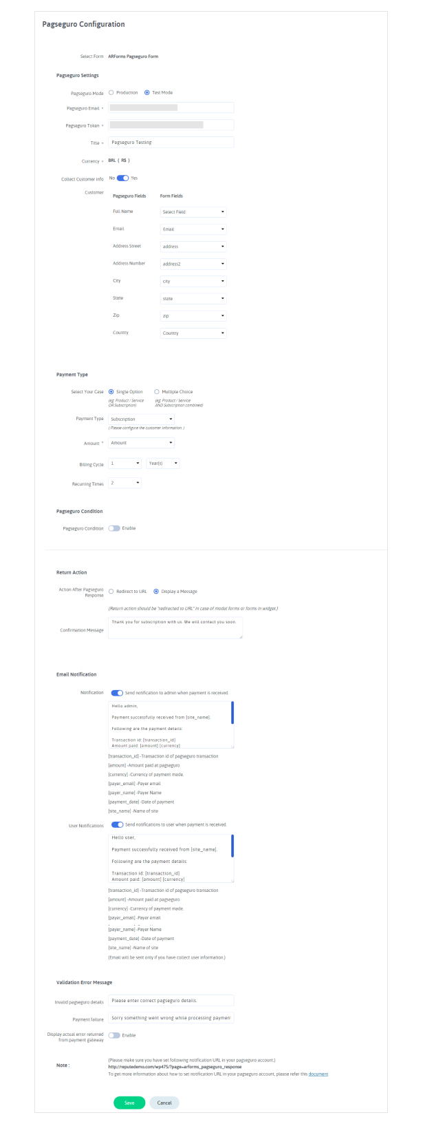 PagSeguro-Integration mit ARForms - 2