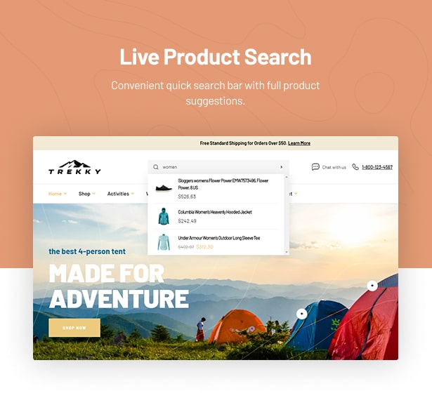 Trekky Outdoor Gear WooCommerce Theme Live-Suche